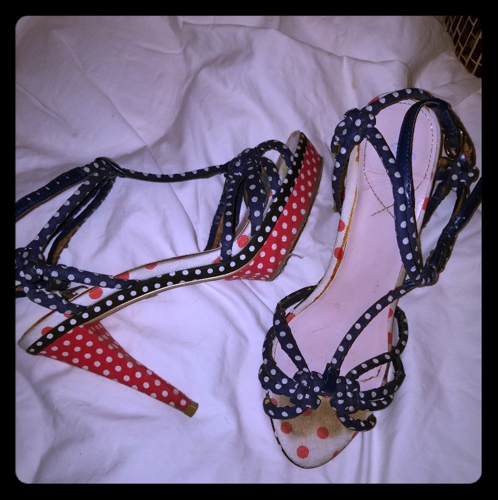Red, white, blue polka dot heels